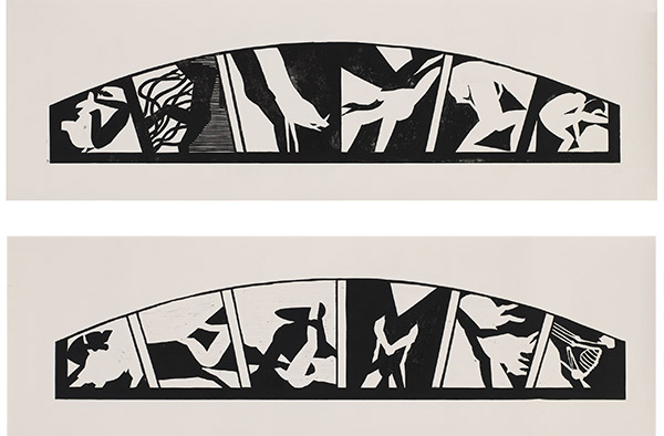 MICHAEL C. SPAFFORD, TWELVE LABORS OF HERCULES, 1982, woodcut on paper, 2 sheets, 19 x 56 inches each, edition of 10