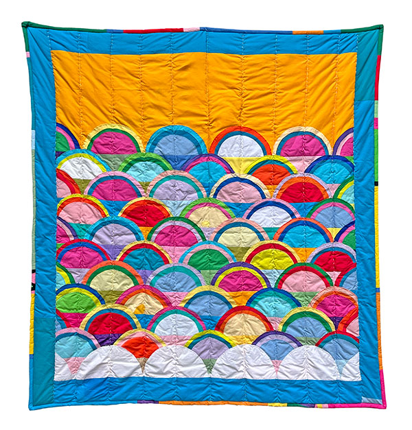 50 SUNSETS, 2022, fabric, thread, and embroidery floss, 58 x 59.5 inches