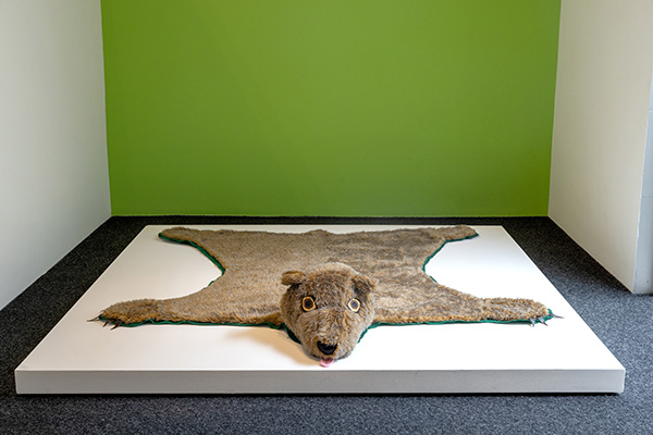 BEAR RUG, 2021, leather fabric, thread and faux fur from Jeffry Mitchell's 2001 exhibition, Hanabuki 4 Jenny, 88 x 82 inches